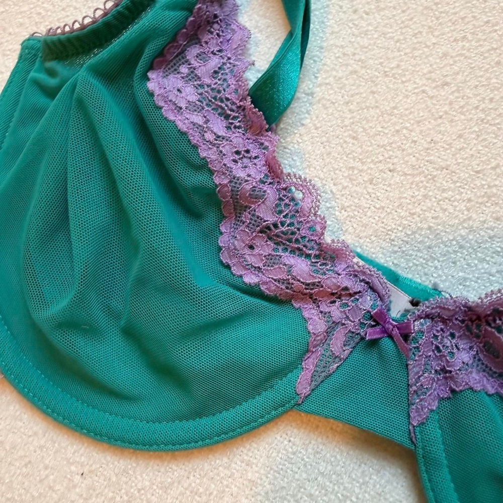Victoria's Secret Tease Unlined Demi Bra 34DDD Teal Lavender Lace Mesh - Picture 2 of 7